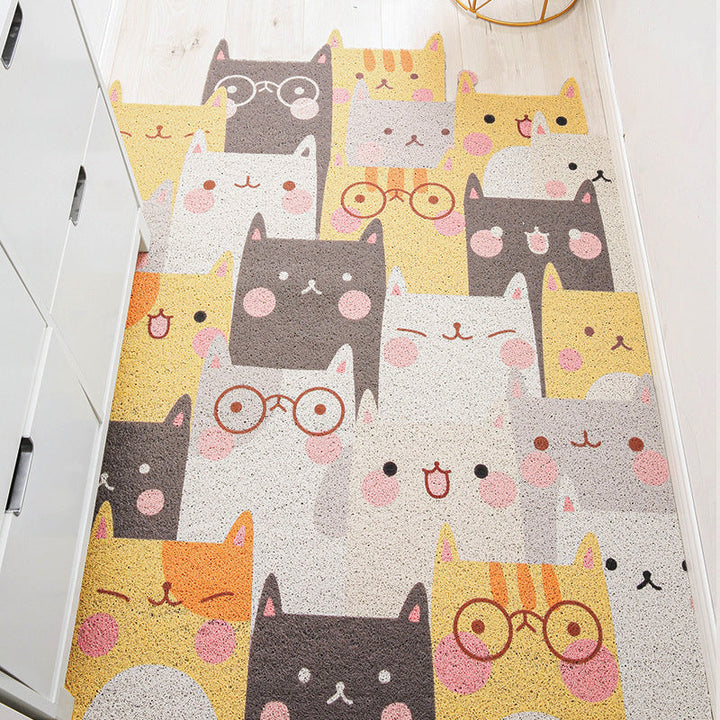 Stornfield | Irregular Kids' Bedroom Rug in Yellow and Gray with Cat Rabbit Penguin Animal Print Non-Slip Polyester Mat