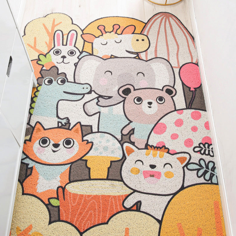 Stornfield | Irregular Kids' Bedroom Rug in Yellow and Gray with Cat Rabbit Penguin Animal Print Non-Slip Polyester Mat