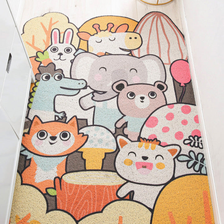 Stornfield | Irregular Kids' Bedroom Rug in Yellow and Gray with Cat Rabbit Penguin Animal Print Non-Slip Polyester Mat