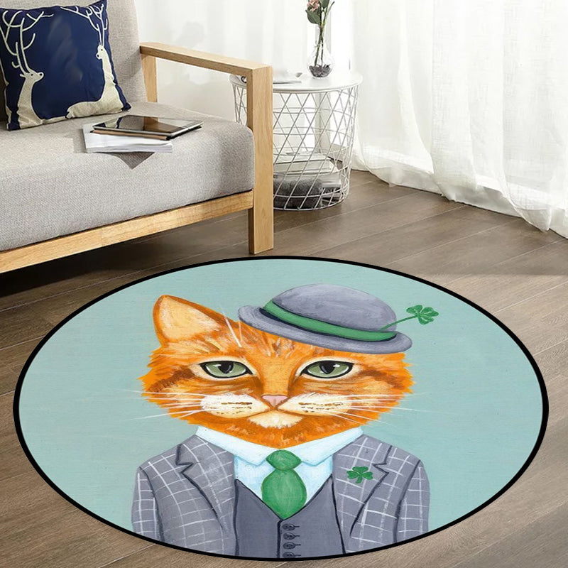 Stornfield | Green and Blue Cat Animal Print Glass Kids Bedroom Rug Pet-Friendly Polyester Rug