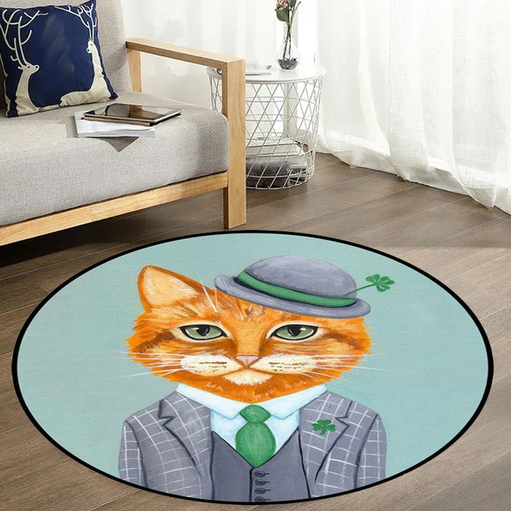 Stornfield | Green and Blue Cat Animal Print Glass Kids Bedroom Rug Pet-Friendly Polyester Rug
