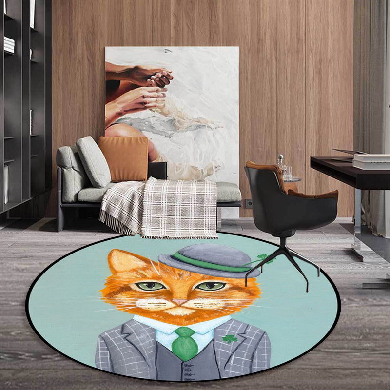Stornfield | Green and Blue Cat Animal Print Glass Kids Bedroom Rug Pet-Friendly Polyester Rug