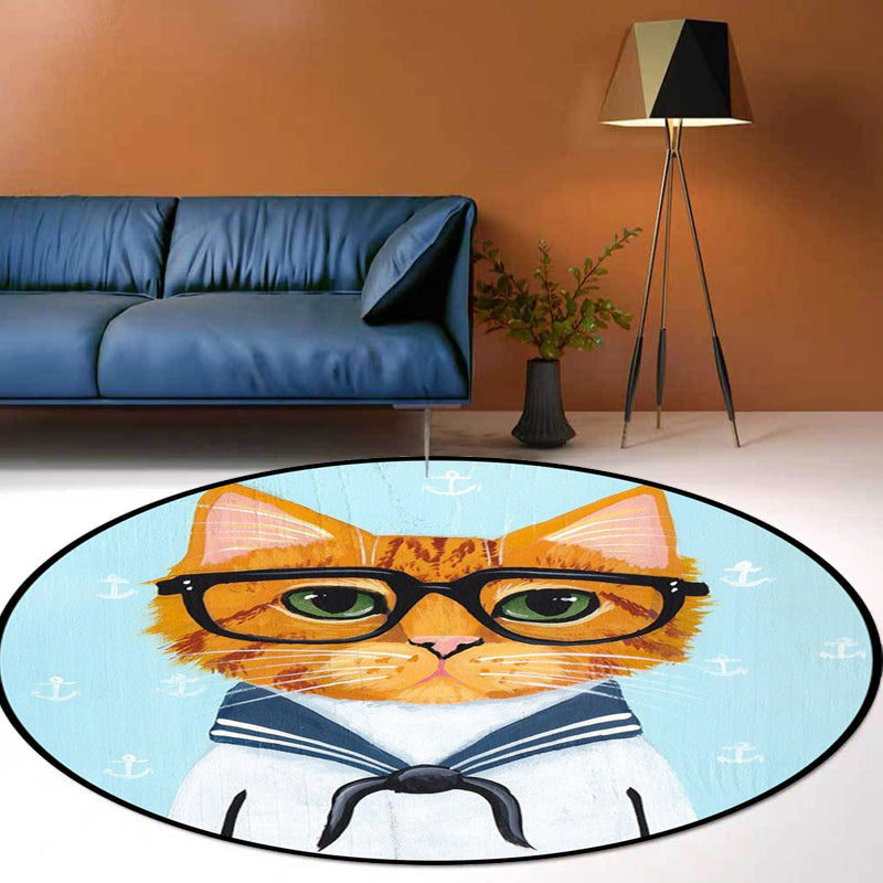 Stornfield | Green and Blue Cat Animal Print Glass Kids Bedroom Rug Pet-Friendly Polyester Rug
