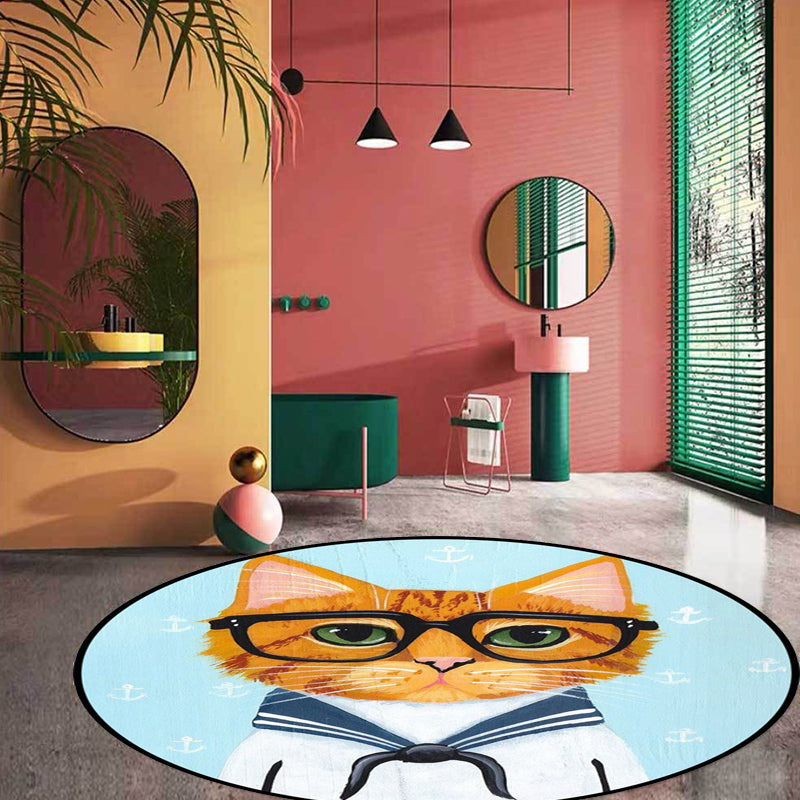 Stornfield | Green and Blue Cat Animal Print Glass Kids Bedroom Rug Pet-Friendly Polyester Rug