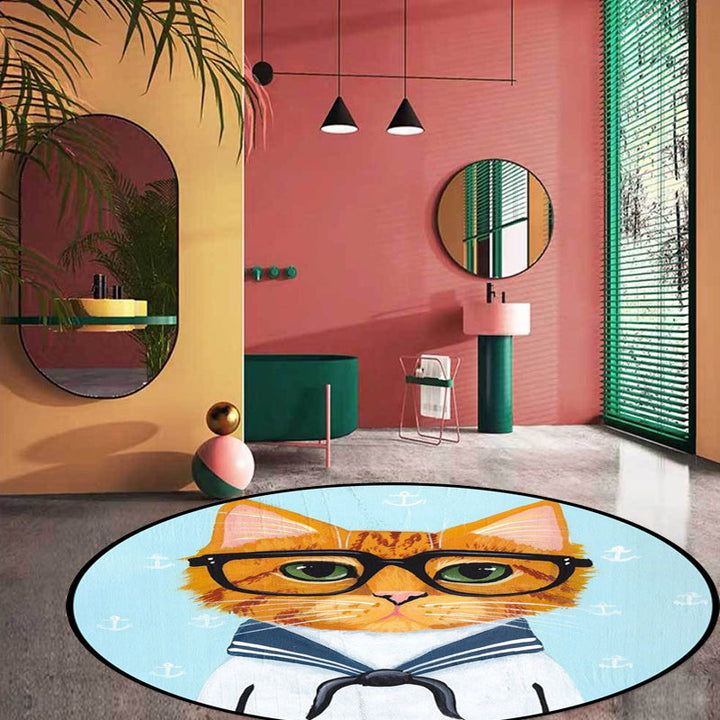 Stornfield | Green and Blue Cat Animal Print Glass Kids Bedroom Rug Pet-Friendly Polyester Rug