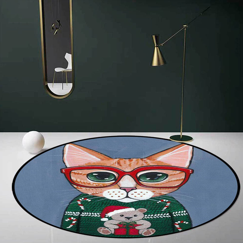 Stornfield | Green and Blue Cat Animal Print Glass Kids Bedroom Rug Pet-Friendly Polyester Rug