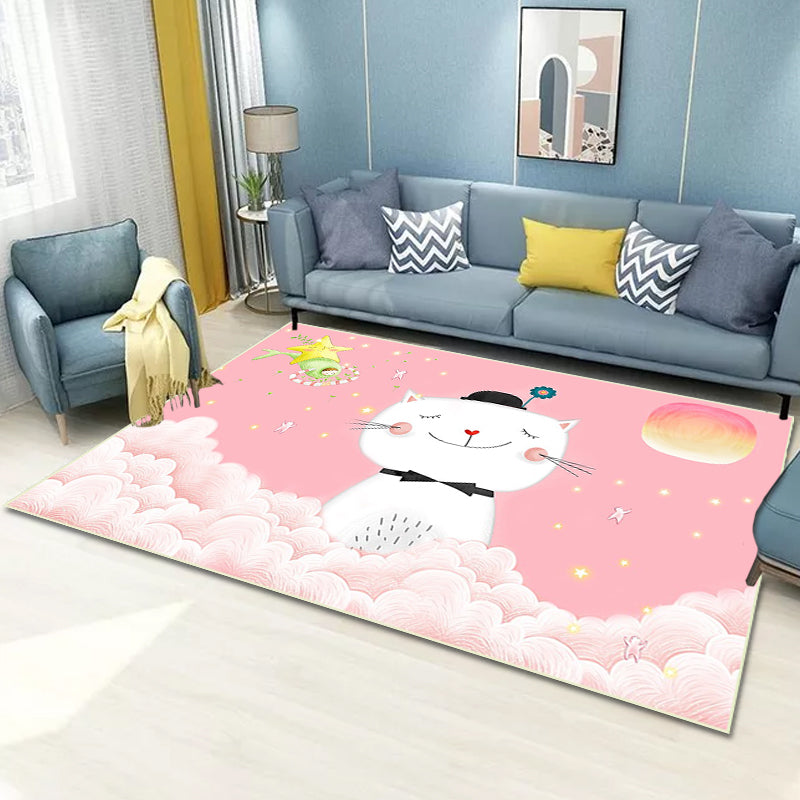 Stornfield | Pink Animal Cat Cloud Pattern Polyester Casual Kids Rug, Non-Slip, Washable for Children's Room