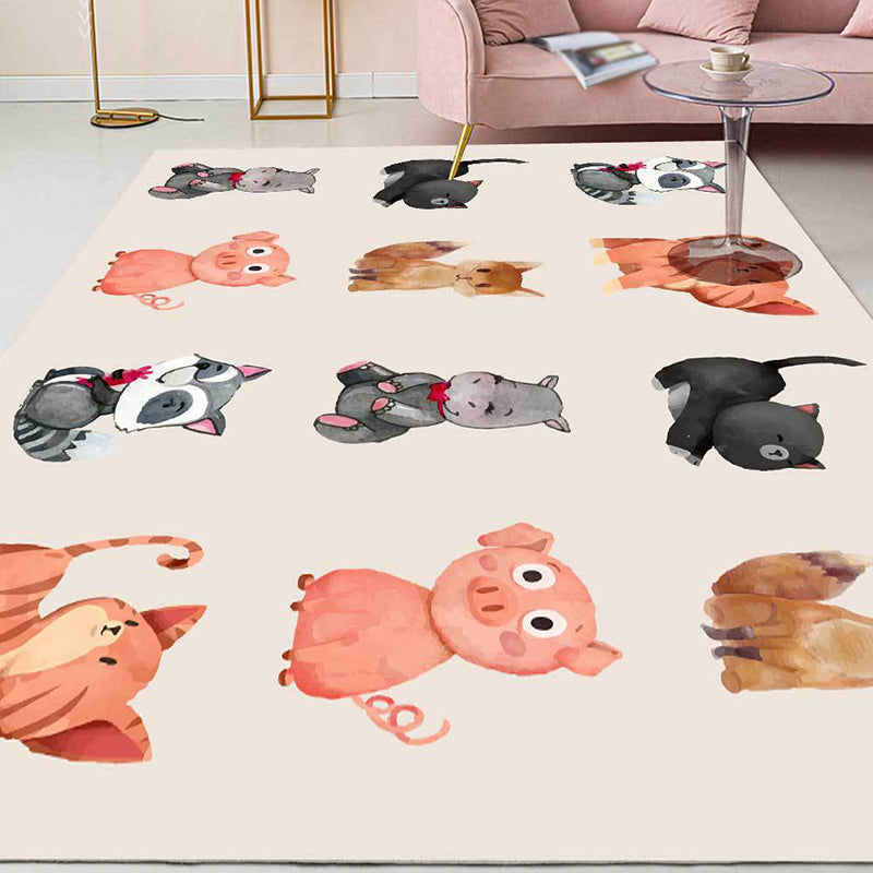 Stornfield | Ivory Animal Print Dog Cat Pig Kids Bedroom Area Rug Polyester Anti-Slip Backing Floor Mat
