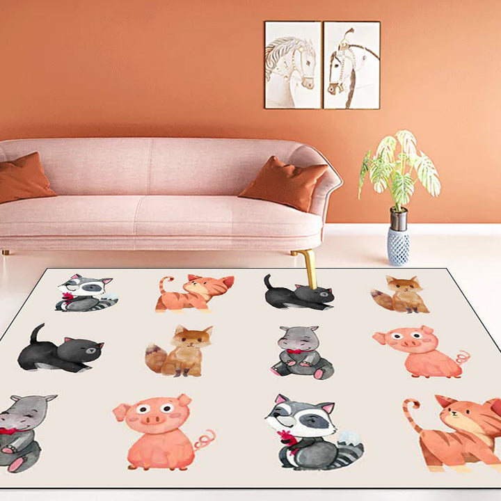 Stornfield | Ivory Animal Print Dog Cat Pig Kids Bedroom Area Rug Polyester Anti-Slip Backing Floor Mat