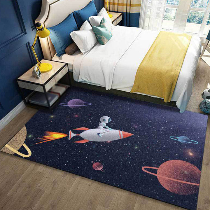 Stornfield | Kids' Bedroom Rug Outer Space Galaxy Rockets Astronaut Print Polyester Mat with Non-Slip Backing Floor Mat