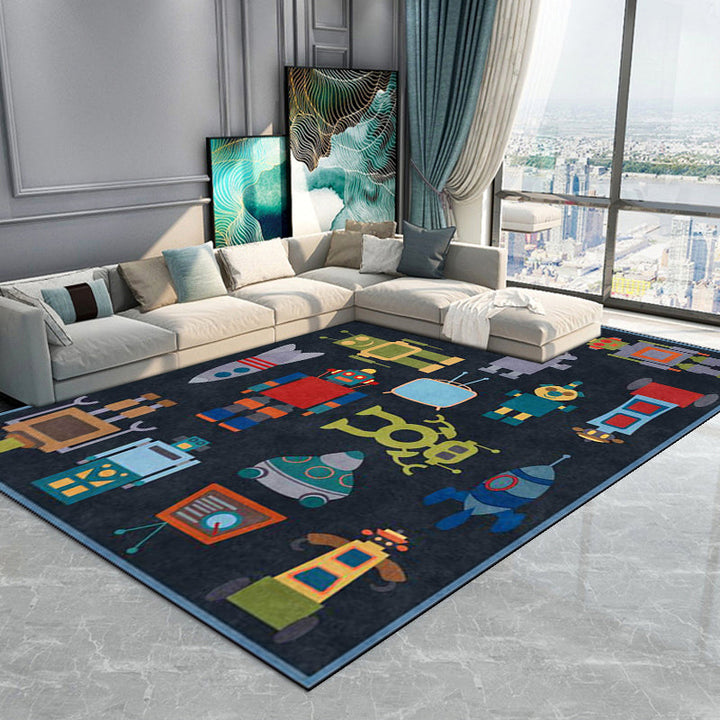 Stornfield | Blue Rocket Alien Robot Polyester Unique Kids Rug, Non-Slip Mat for Children's Bedroom