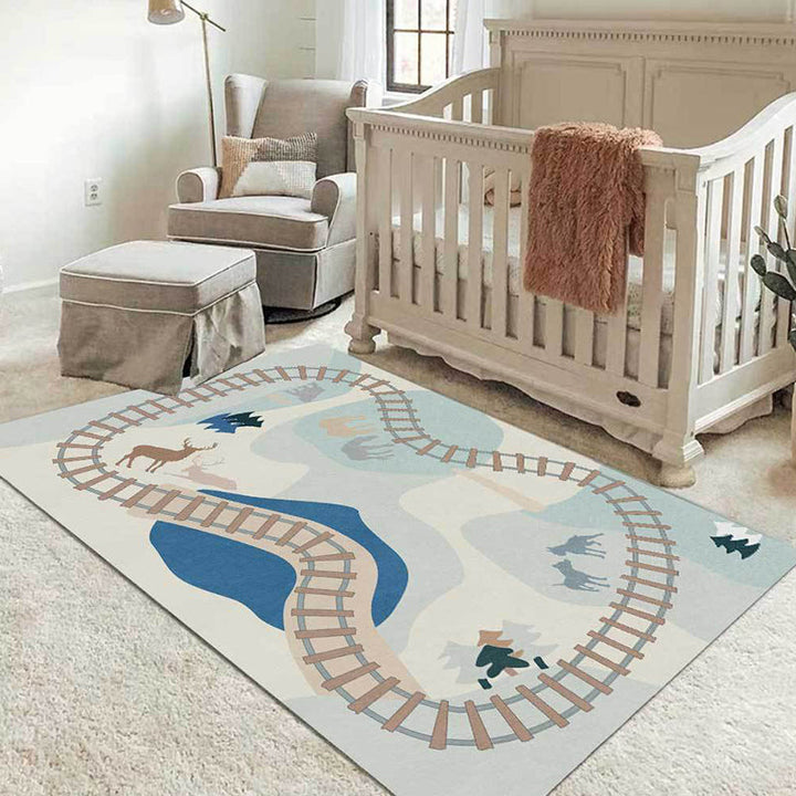 Stornfield | Casual Kids Rug with Blue Cars and Roads, Deer, Horse, Tree Pattern, Polyester Mat with Non-Slip Backing for Kids' Room