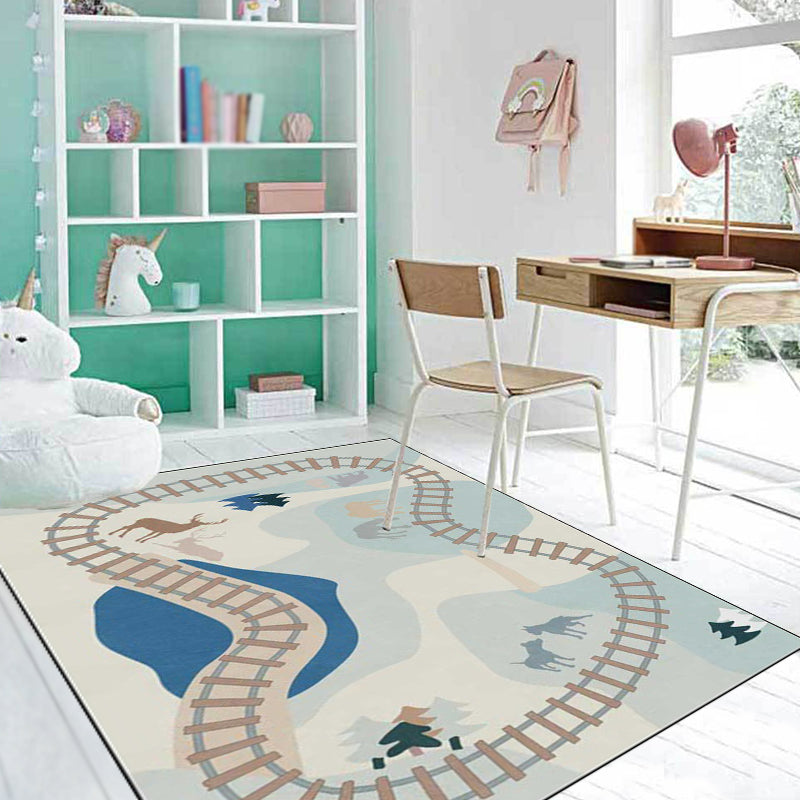 Stornfield | Casual Kids Rug with Blue Cars and Roads, Deer, Horse, Tree Pattern, Polyester Mat with Non-Slip Backing for Kids' Room