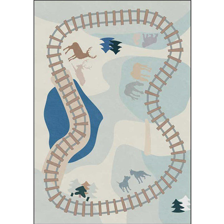 Stornfield | Casual Kids Rug with Blue Cars and Roads, Deer, Horse, Tree Pattern, Polyester Mat with Non-Slip Backing for Kids' Room