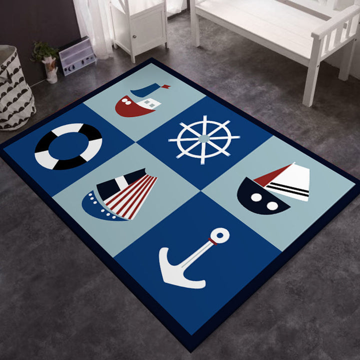 Stornfield | Blue Cars and Roads Children's Room Rug with Ship Anchor and Steering Wheel Printed Machine Washable Polyester Rug