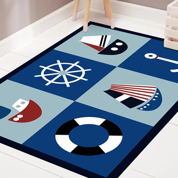 Stornfield | Blue Cars and Roads Children's Room Rug with Ship Anchor and Steering Wheel Printed Machine Washable Polyester Rug