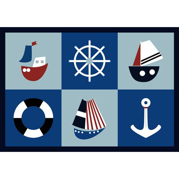 Stornfield | Blue Cars and Roads Children's Room Rug with Ship Anchor and Steering Wheel Printed Machine Washable Polyester Rug
