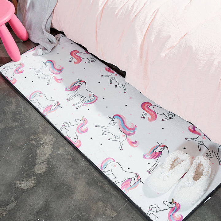 Stornfield | White and Pink Children's Rug with Bear, Rabbit, and Swan Print in Polyester, Stain Resistant Area Rug