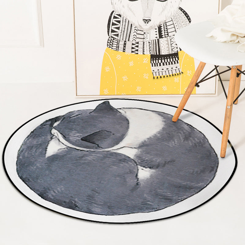 Stornfield | Simple Grey and White Cat Animal Pattern Children's Rug, Polyester, Stain-Resistant, Kids' Bedroom Mat