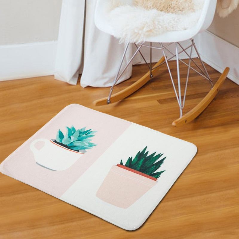 Stornfield | Green and Pink Children's Room Rug with Potted Plants and Botanical Leaf Pattern, Pet-Friendly Polyester Mat