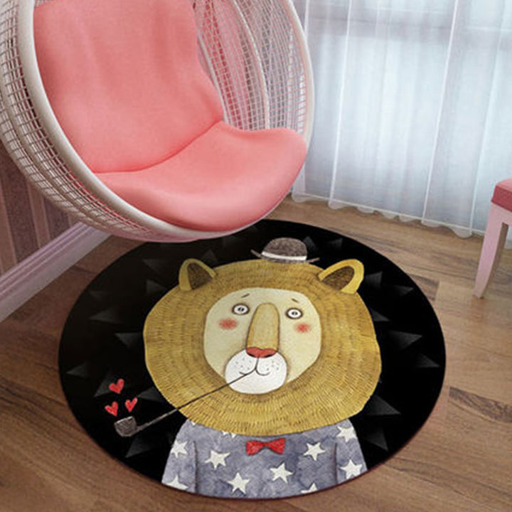 Stornfield | Black and Pink Children's Rug with Animal Print Lion Rabbit Flamingo Polyester Stain-Resistant Rug