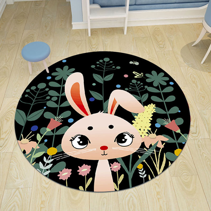 Stornfield | Black and Pink Children's Rug with Animal Print Lion Rabbit Flamingo Polyester Stain-Resistant Rug