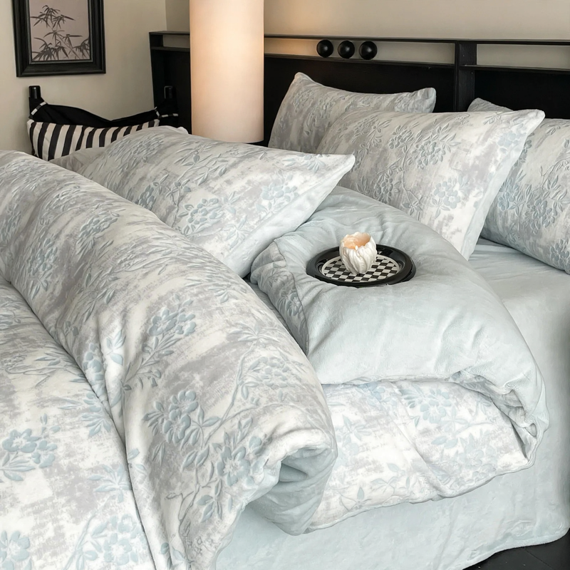 Milk fiber fleece bedding set, winter warm, floral