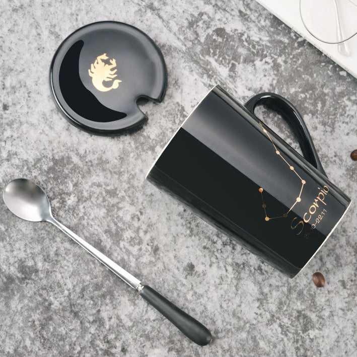 Stornfield | 12 Zodiac Signs Black Ceramic Mug with Lid and Spoon