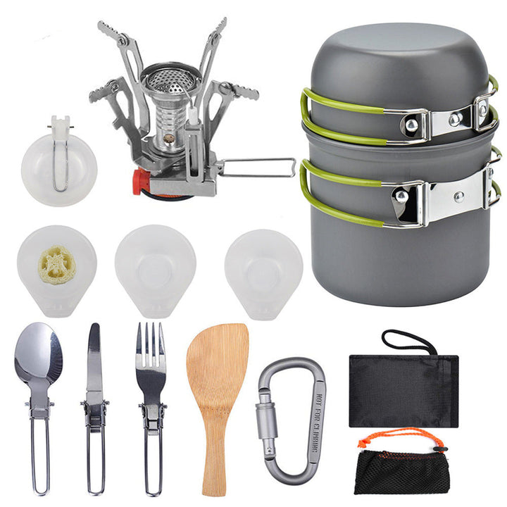 compact lightweight camping cookware and backpacking cook set with folding stove and nesting non-stick pots Stornfield