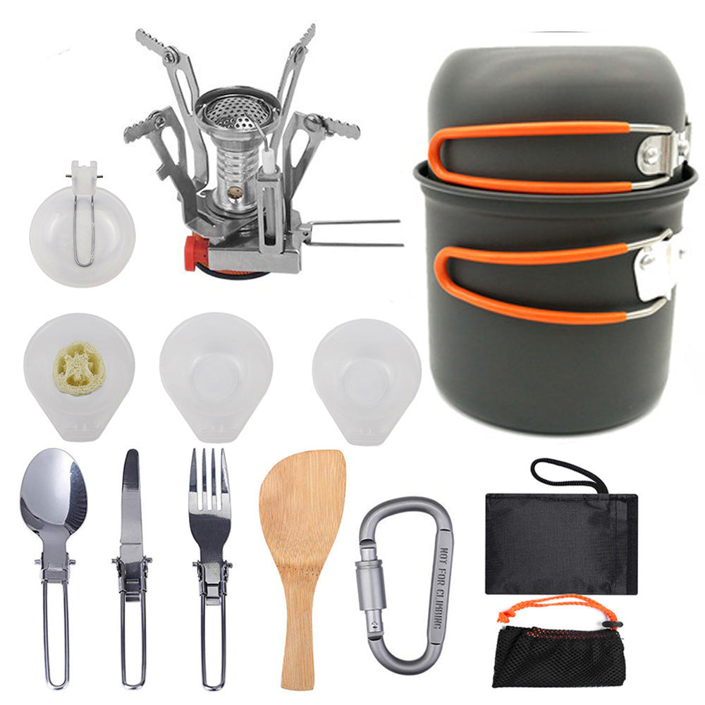 compact lightweight camping cookware and backpacking cook set with folding stove and nesting non-stick pots Stornfield