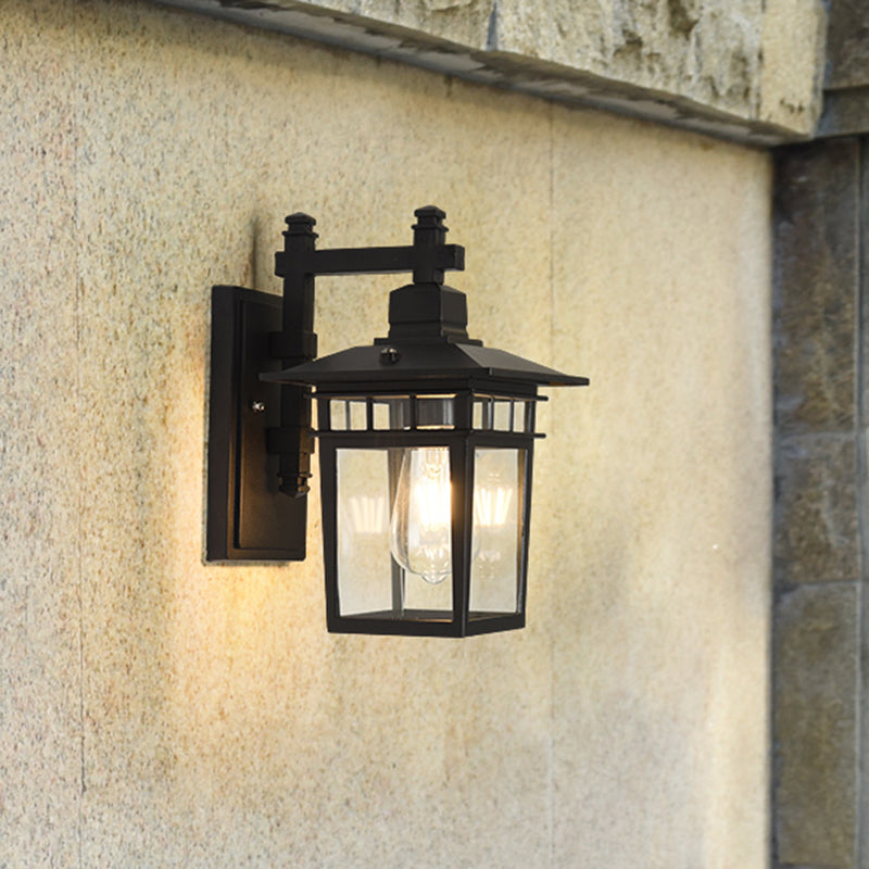 Pavilion Clear Glass Wall Lighting Industrial 1-Bulb Outdoor Wall Mounted Lamp in Black | Stornfield