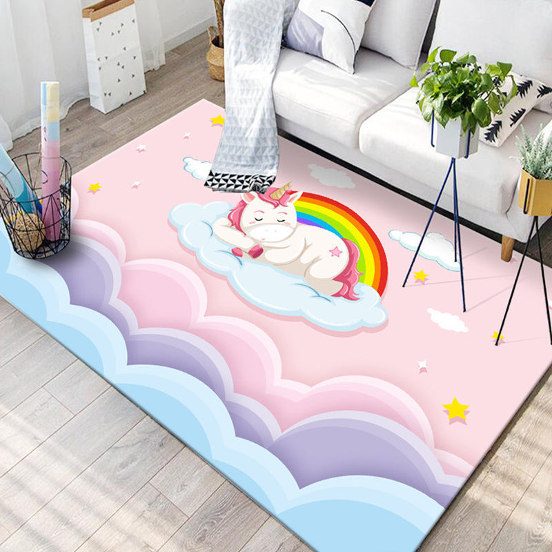 Stornfield | Kids Rug for Nursery in Blue and Pink with Cat Rabbit Dolphin Animal Print in Polyester, Pet-Friendly Area Rug