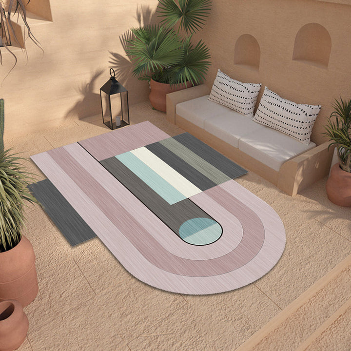 Stornfield | Novelty Irregular Living Room Rug with Pink Colour Block Rectangle Print in Machine Washable Polyester
