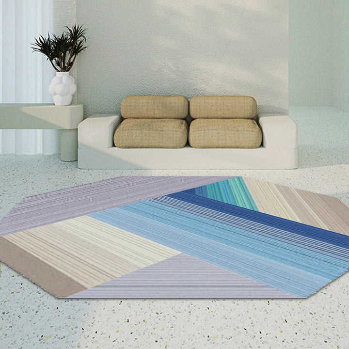 Stornfield | Simple asymmetrical polyester rug with a striped color-block pattern in purple and blue, washable, for home décor