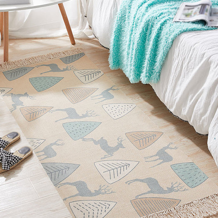 Stornfield | Unique Ivory Kids Rug with Animal Deer Tree Pattern, Washable Cotton and Linen Tassel Rug for Kids Room