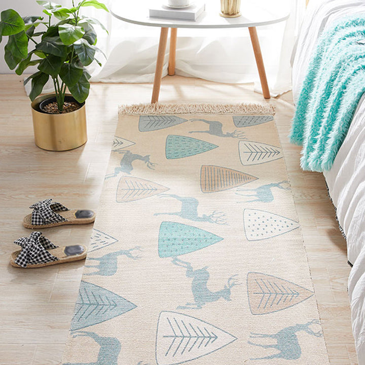 Stornfield | Unique Ivory Kids Rug with Animal Deer Tree Pattern, Washable Cotton and Linen Tassel Rug for Kids Room