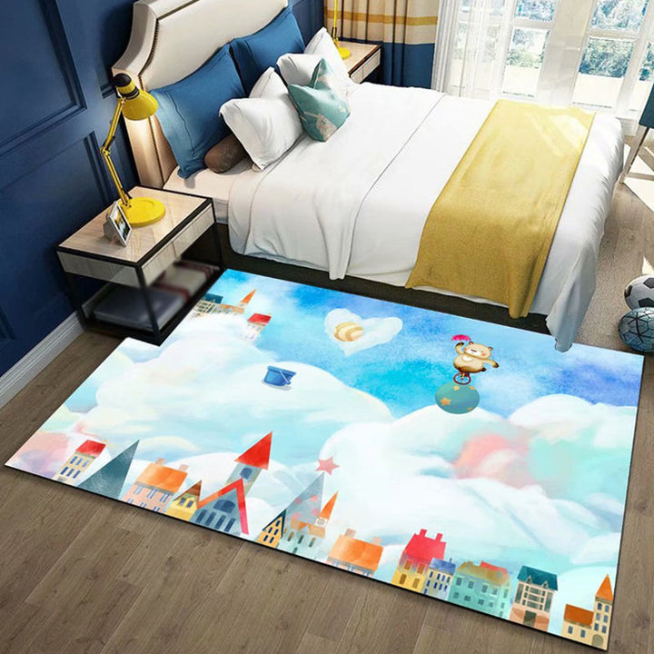 Stornfield | Beautiful Children's Rug in Blue and Pink with Fairy Tale Castle and Balloon Motif Washable Polyester Rug for Kids' Bedroom