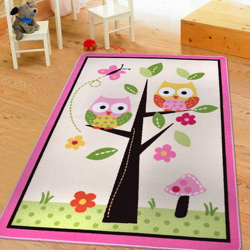 Stornfield | Kids Rug for Girls Bedroom in Pink and Green Owl Flower Tree Animal Print Stain Resistant Polyester Area Rug