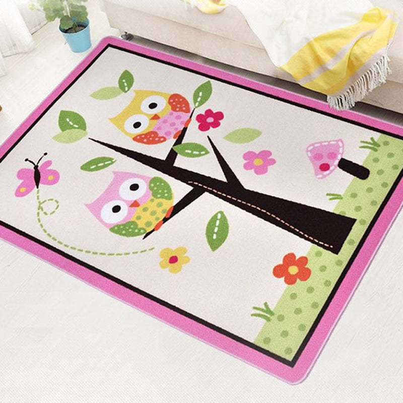 Stornfield | Kids Rug for Girls Bedroom in Pink and Green Owl Flower Tree Animal Print Stain Resistant Polyester Area Rug