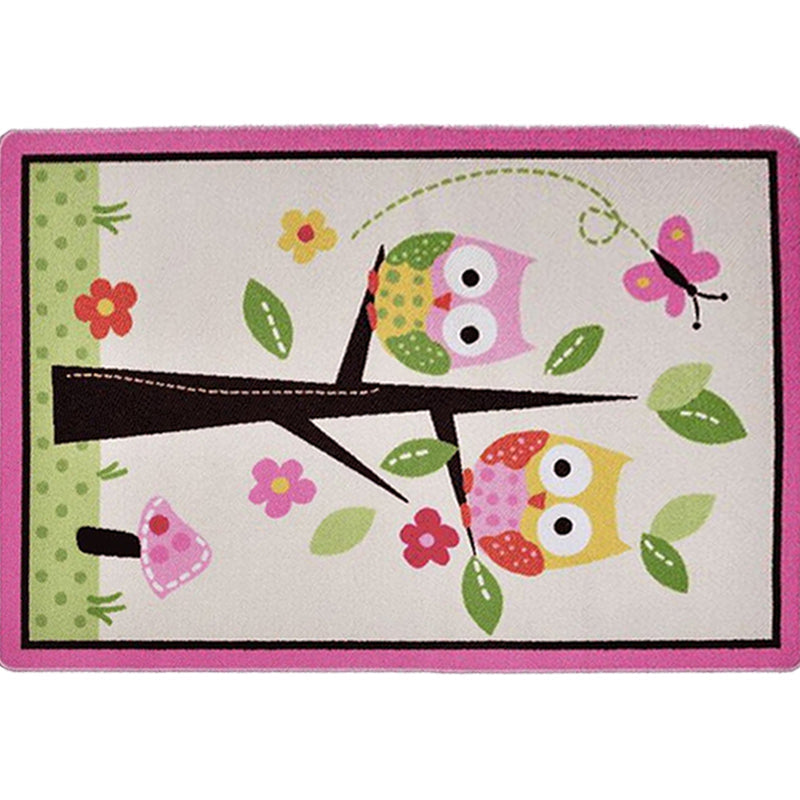 Stornfield | Kids Rug for Girls Bedroom in Pink and Green Owl Flower Tree Animal Print Stain Resistant Polyester Area Rug