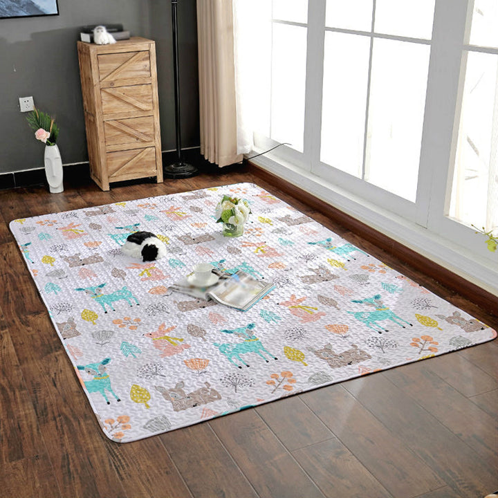 Stornfield | Pink and Yellow Nursery Rug Animal Pattern Deer Cat Rabbit Kids Washable Cotton Rug