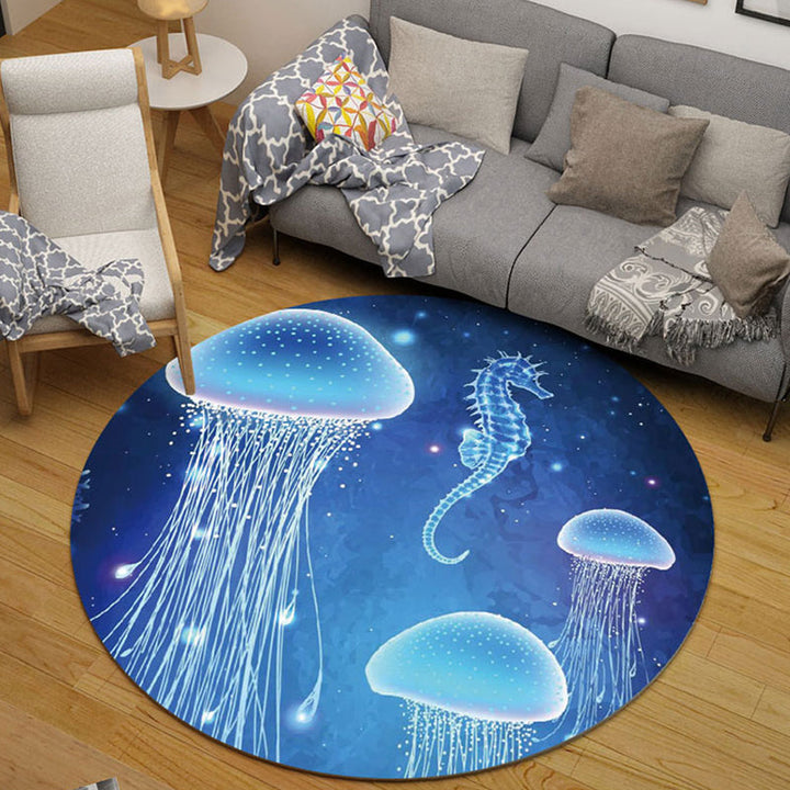 Stornfield | Kids' Bedroom Rug in Black and Blue with Pig Rabbit Jellyfish Animal Print Polyester Stain Resistant Carpet