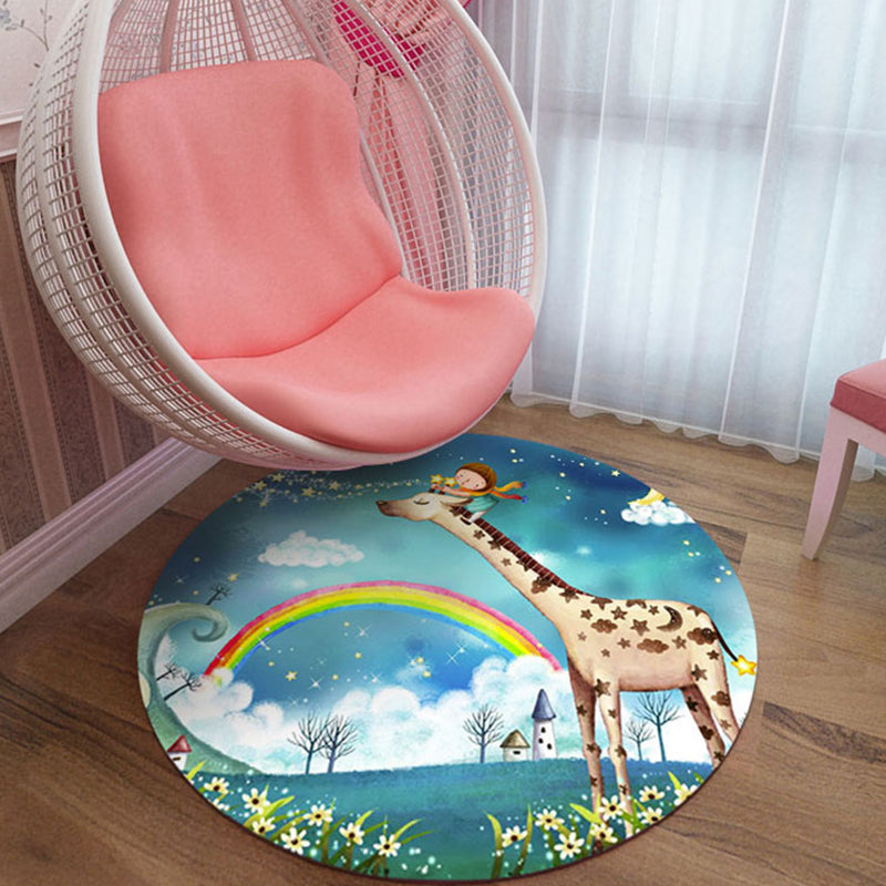 Stornfield | Kids' Bedroom Rug in Black and Blue with Pig Rabbit Jellyfish Animal Print Polyester Stain Resistant Carpet