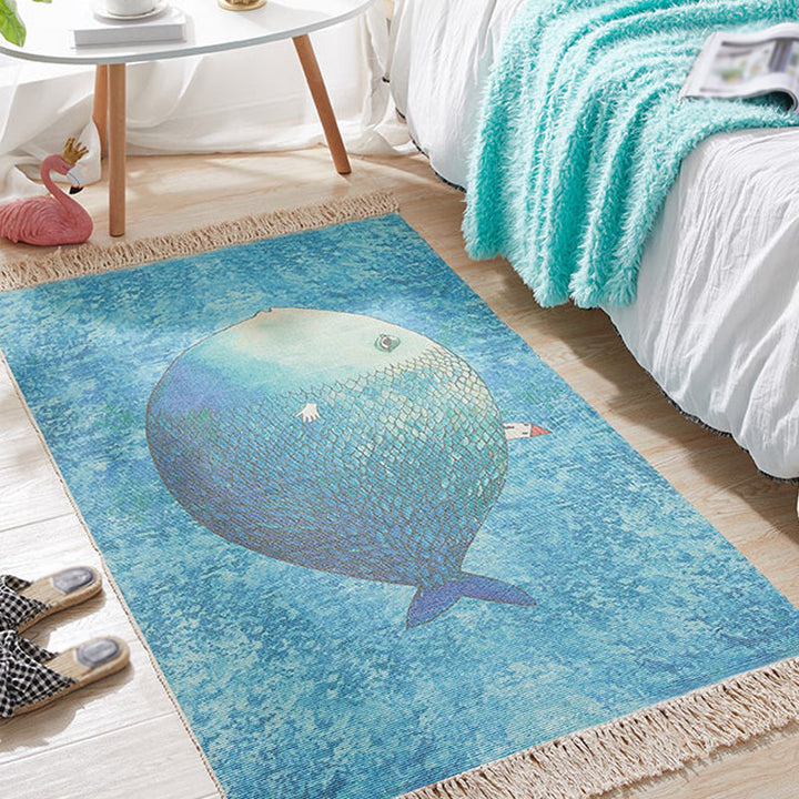 Stornfield | Blue Rug for Children's Room Fish Pattern Kids Rug Wool and Linen Washable Rug with Fringes