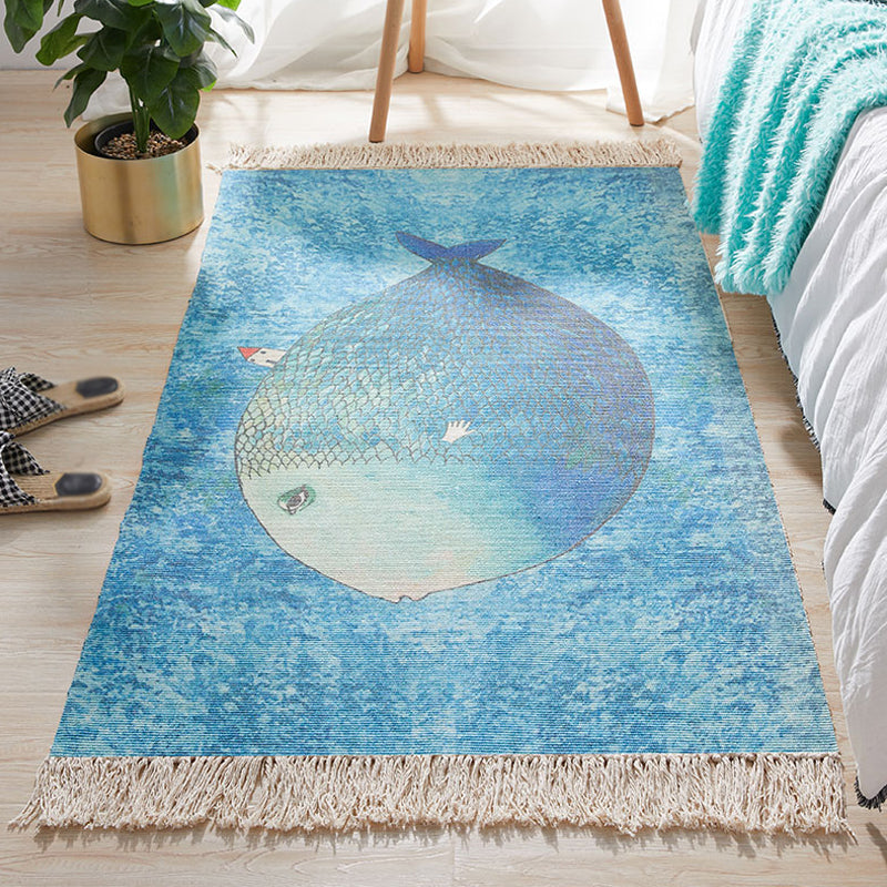 Stornfield | Blue Rug for Children's Room Fish Pattern Kids Rug Wool and Linen Washable Rug with Fringes