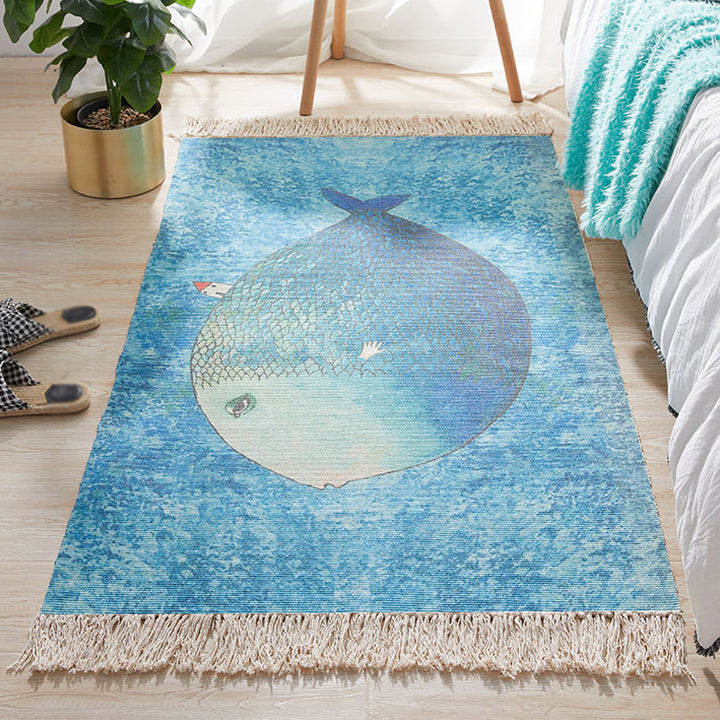 Stornfield | Blue Rug for Children's Room Fish Pattern Kids Rug Wool and Linen Washable Rug with Fringes