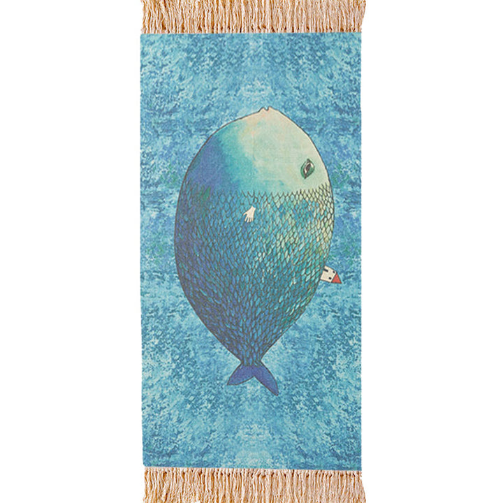 Stornfield | Blue Rug for Children's Room Fish Pattern Kids Rug Wool and Linen Washable Rug with Fringes