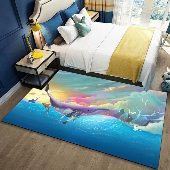Stornfield | Black and Blue Children's Bedroom Rug Polyester rug with animal pattern children butterfly deer whale Machine washable rug
