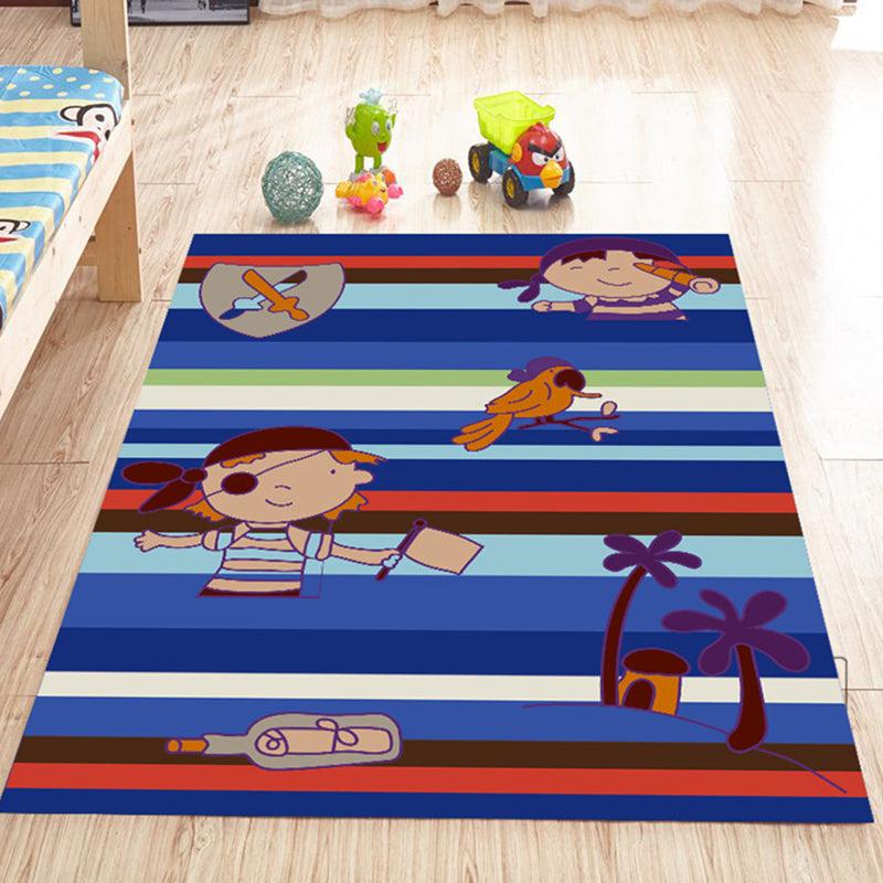 Stornfield | Pink and Blue Nursery Rug with Animal Pattern Bird Elephant Giraffe Non-Slip Polyester Area Rug