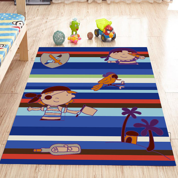 Stornfield | Pink and Blue Nursery Rug with Animal Pattern Bird Elephant Giraffe Non-Slip Polyester Area Rug